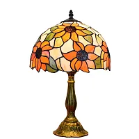Настольная лампа Тиффани Sunflower OFT816 Tiffany Lighting разноцветная оранжевая зелёная белая 1 лампа, основание бронзовое коричневое металл в стиле тиффани подсолнухи цветы