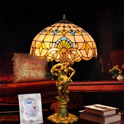 Настольная лампа Тиффани Petunia OFT936 Tiffany Lighting голубая разноцветная коричневая бежевая 2 лампы, основание золотое металл в стиле тиффани цветы орнамент фото 3