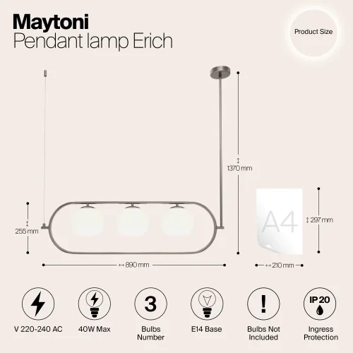Светильник подвесной Erich MOD221PL-03N Maytoni белый на 3 лампы, основание никель в стиле современный шар фото 3
