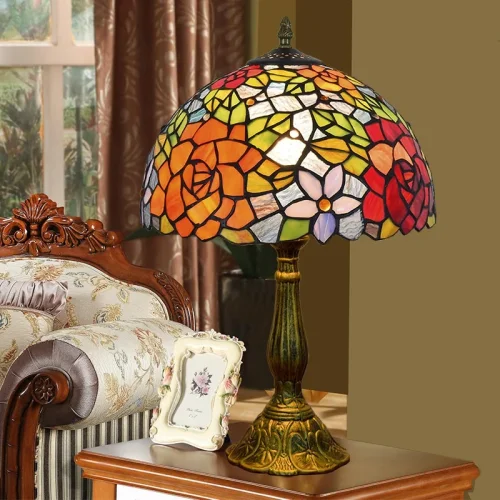 Настольная лампа Тиффани Flower OFT827 Tiffany Lighting разноцветная оранжевая красная 1 лампа, основание коричневое металл в стиле тиффани цветы фото 5