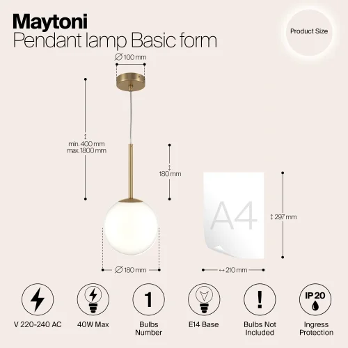Светильник подвесной Basic form MOD321PL-01G2 Maytoni белый на 1 лампу, основание золотое в стиле современный шар фото 6