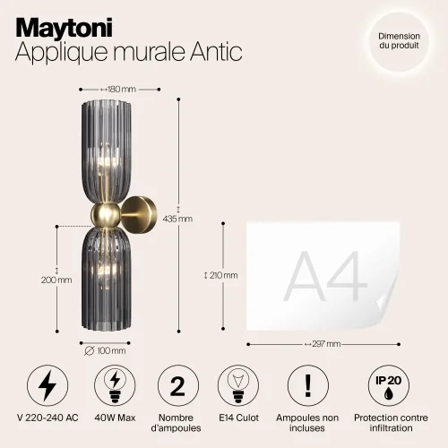 Бра Antic MOD302WL-02GR Maytoni чёрный серый на 2 лампы, основание золотое в стиле современный фото 5