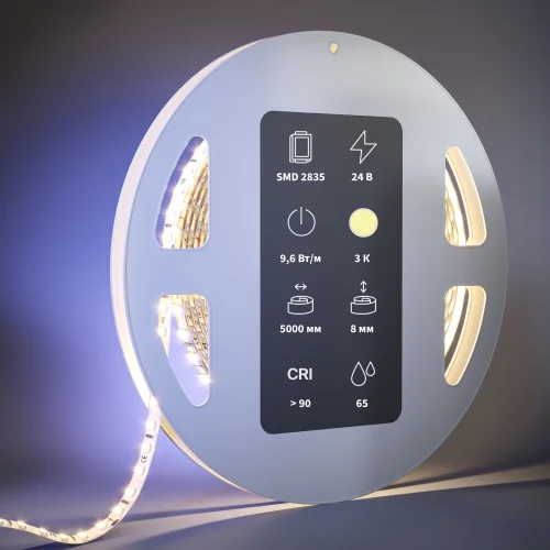 Светодиодная лента 24В 2835 9,6Вт/м 3000К 5м IP 65 201042 Maytoni цвет LED тёплый белый 3000K, световой поток 910Lm фото 2