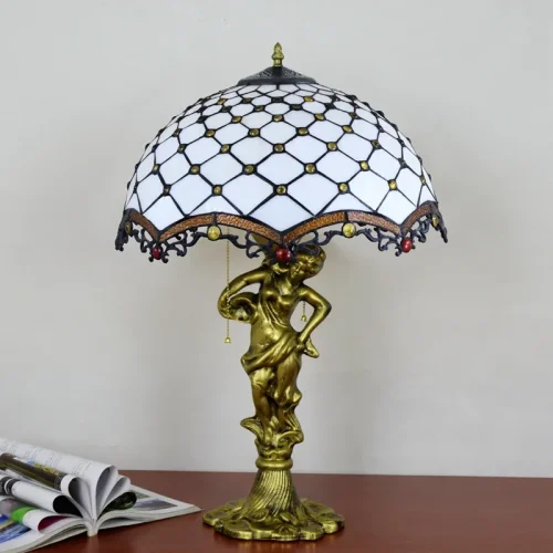 Настольная лампа Тиффани European OFT946 Tiffany Lighting разноцветная коричневая белая 2 лампы, основание золотое металл в стиле тиффани орнамент фото 4