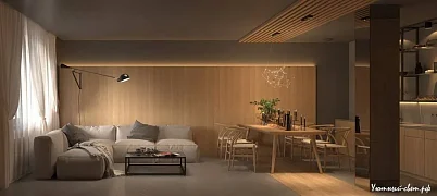Теплый дизайн интерьера с мягкой схемой освещения