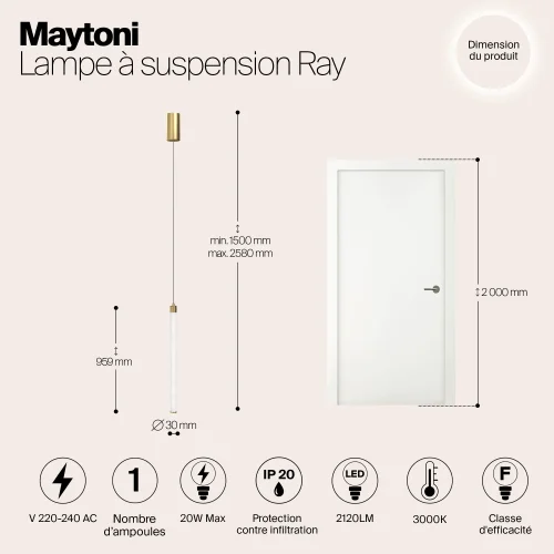 Светильник подвесной LED Ray P022PL-L20G3K Maytoni белый на 1 лампу, основание золотое в стиле современный трубочки фото 12
