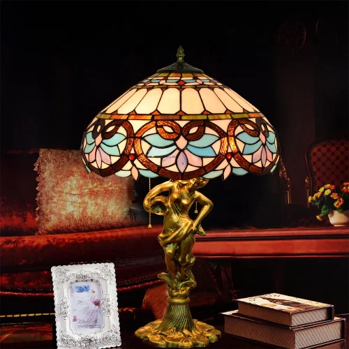 Настольная лампа Тиффани Petunia OFT931 Tiffany Lighting голубая разноцветная коричневая 2 лампы, основание золотое металл в стиле тиффани цветы орнамент фото 4