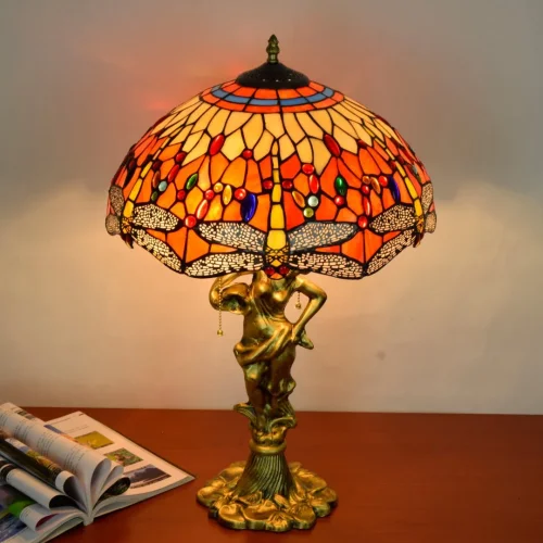 Настольная лампа Тиффани Dragonfly OFT932 Tiffany Lighting разноцветная жёлтая красная бежевая 2 лампы, основание золотое металл в стиле тиффани стрекоза фото 3