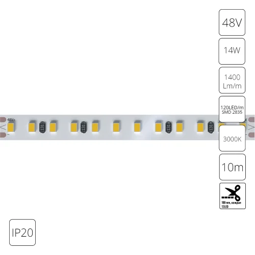 Светодиодная лента 48В 14Вт/м 1400Лм/м 3000К 90+ 10мм SMD2835 120шт/м 10м IP20 Tape A4812010-07-3K Arte Lamp цвет LED тёплый белый 3000K, световой поток Lm