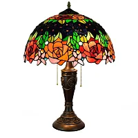 Настольная лампа Тиффани Rose OFT891 Tiffany Lighting разноцветная оранжевая красная зелёная 2 лампы, основание коричневое полимер в стиле тиффани цветы