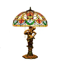 Настольная лампа Тиффани Petunia OFT945 Tiffany Lighting разноцветная оранжевая жёлтая зелёная 2 лампы, основание золотое металл в стиле тиффани цветы