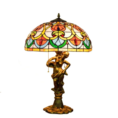 Настольная лампа Тиффани Petunia OFT945 Tiffany Lighting разноцветная оранжевая жёлтая зелёная 2 лампы, основание золотое металл в стиле тиффани цветы