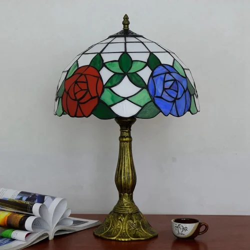 Настольная лампа Тиффани Rose OFT828 Tiffany Lighting зелёная белая красная синяя разноцветная 1 лампа, основание коричневое бронзовое металл в стиле тиффани цветы фото 4