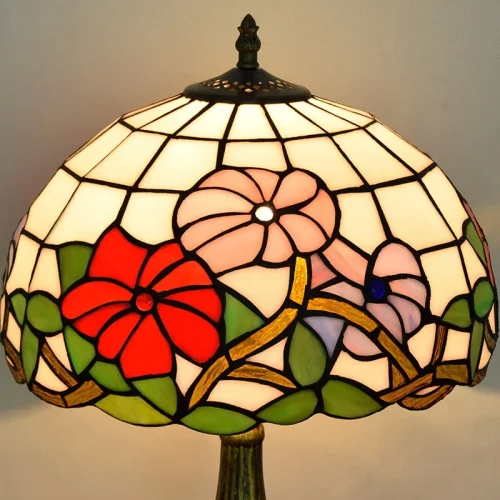 Настольная лампа Тиффани Flower OFT821 Tiffany Lighting зелёная белая розовая красная разноцветная 1 лампа, основание коричневое бронзовое металл в стиле тиффани цветы фото 3