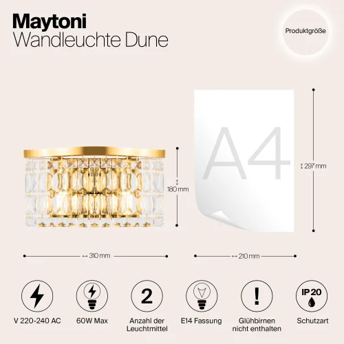 Бра Dune DIA005WL-02G Maytoni прозрачный на 2 лампы, основание золотое в стиле классический современный фото 9