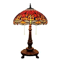Настольная лампа Тиффани Dragonfly OFT954 Tiffany Lighting разноцветная оранжевая красная 1 лампа, основание коричневое металл в стиле тиффани стрекоза