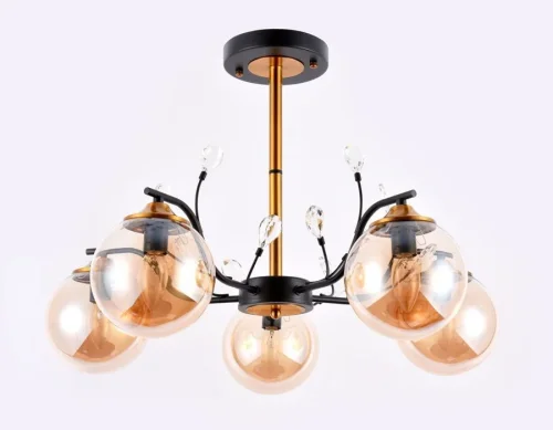 Люстра потолочная TR9072 Ambrella light янтарная на 5 ламп, основание чёрное в стиле современный лофт шар фото 3