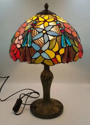 Настольная лампа Тиффани 885-804-01 Velante разноцветная 1 лампа, основание бронзовое коричневое металл в стиле тиффани цветы фото 7