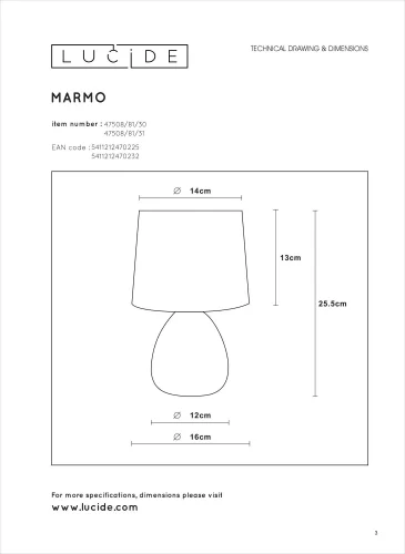 Настольная лампа Marmo 47508/81/31 Lucide белая 1 лампа, основание серое белое керамика в стиле классический  фото 4
