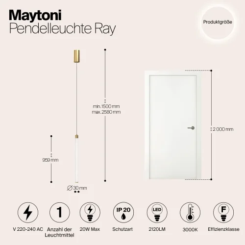 Светильник подвесной LED Ray P022PL-L20G3K Maytoni белый на 1 лампу, основание золотое в стиле современный трубочки фото 9
