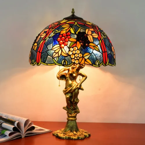 Настольная лампа Тиффани Grape OFT935 Tiffany Lighting разноцветная синяя красная зелёная 2 лампы, основание золотое металл в стиле тиффани виноград фото 3