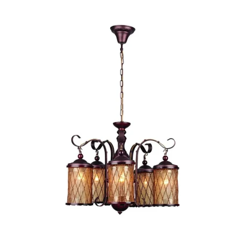 Люстра подвесная Monchique OML-58407-05 Omnilux прозрачная янтарная на 5 ламп, основание коричневое в стиле кантри 