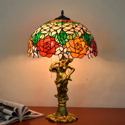Настольная лампа Тиффани Rose OFT940 Tiffany Lighting разноцветная оранжевая красная зелёная 2 лампы, основание золотое металл в стиле тиффани цветы фото 4