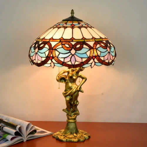 Настольная лампа Тиффани Petunia OFT931 Tiffany Lighting голубая разноцветная коричневая 2 лампы, основание золотое металл в стиле тиффани цветы орнамент фото 2