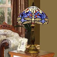 Настольная лампа Тиффани Dragonfly OFT831 Tiffany Lighting разноцветная синяя 1 лампа, основание коричневое металл в стиле тиффани стрекоза
