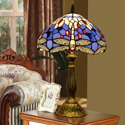 Настольная лампа Тиффани Dragonfly OFT831 Tiffany Lighting разноцветная синяя 1 лампа, основание коричневое металл в стиле тиффани стрекоза