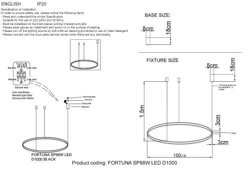 Люстра подвесная LED с пультом FORTUNA SP88W LED D1000 BLACK Crystal Lux чёрная на 1 лампу, основание чёрное в стиле современный с пультом кольца фото 5