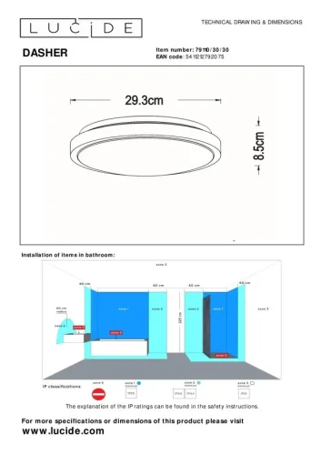 Светильник потолочный LED Dasher 79110/30/30 Lucide белый 1 лампа, основание чёрное в стиле современный  фото 5