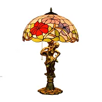 Настольная лампа Тиффани Flower OFT934 Tiffany Lighting разноцветная фиолетовая красная зелёная 2 лампы, основание золотое металл в стиле тиффани цветы