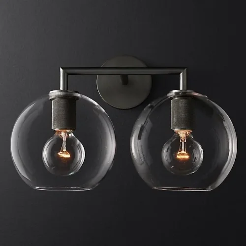 Бра RH Utilitaire Globe Shade Double Sconce Black 123272-22 ImperiumLoft прозрачный на 2 лампы, основание бронзовое в стиле лофт 