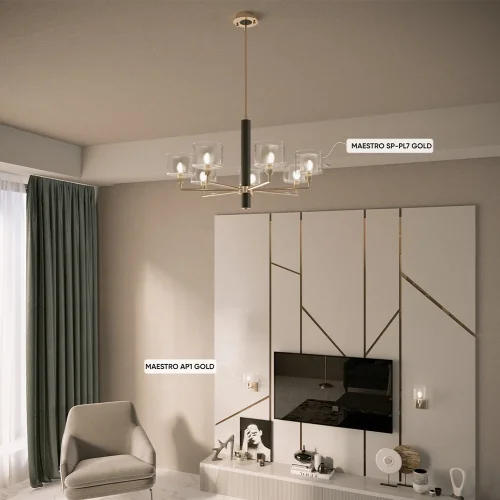 Люстра на штанге MAESTRO SP-PL7 GOLD Crystal Lux белая прозрачная на 7 ламп, основание золотое в стиле современный фото 5