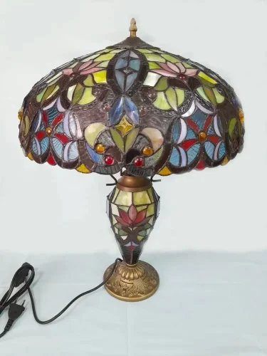 Настольная лампа Тиффани 825-804-03 Velante разноцветная 2 лампы, основание разноцветное бронзовое металл стекло в стиле тиффани орнамент цветы фото 2