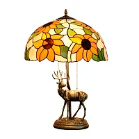 Настольная лампа Тиффани Sunflower OFT913 Tiffany Lighting разноцветная оранжевая жёлтая зелёная 2 лампы, основание бронзовое металл в стиле тиффани подсолнухи цветы