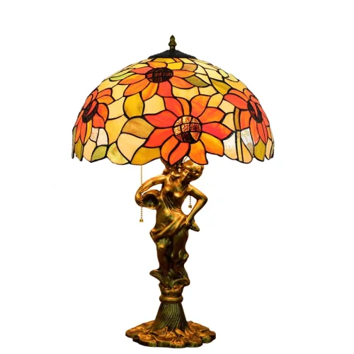 Настольная лампа Тиффани Sunflower OFT938 Tiffany Lighting разноцветная оранжевая жёлтая зелёная 2 лампы, основание золотое металл в стиле тиффани цветы подсолнухи