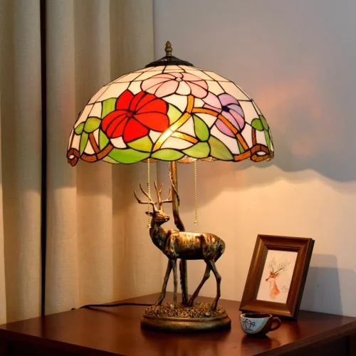 Настольная лампа Тиффани Flower OFT903 Tiffany Lighting разноцветная красная розовая зелёная белая 2 лампы, основание бронзовое металл в стиле тиффани цветы фото 3