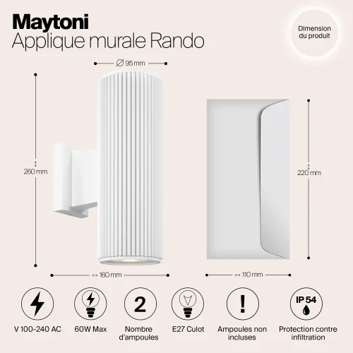 Настенный светильник уличный Rando O419WL-02W Maytoni уличный IP54 белый на 2 лампы, плафон белый в стиле современный E27 фото 8