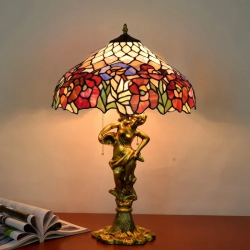 Настольная лампа Тиффани Flower OFT937 Tiffany Lighting разноцветная синяя красная зелёная 2 лампы, основание золотое металл в стиле тиффани цветы фото 3
