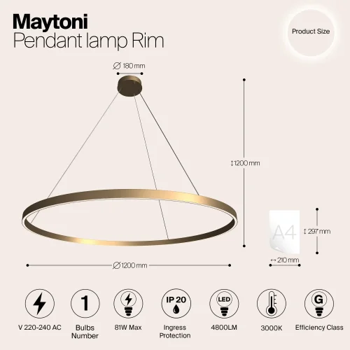 Светильник подвесной LED Rim MOD058PL-L65BS3K Maytoni латунь на 1 лампу, основание латунь в стиле современный хай-тек кольца фото 4