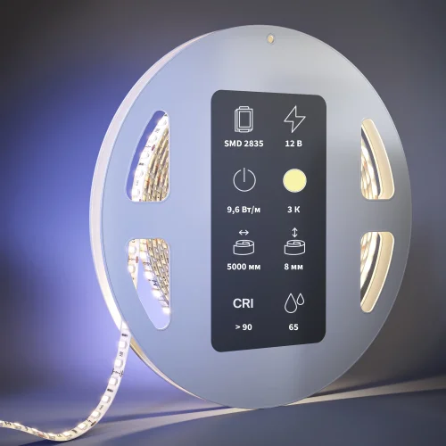 Светодиодная лента 12В 2835 9,6Вт/м 3000К 5м IP 65 201034 Maytoni цвет LED тёплый белый 3000K, световой поток 910Lm фото 2
