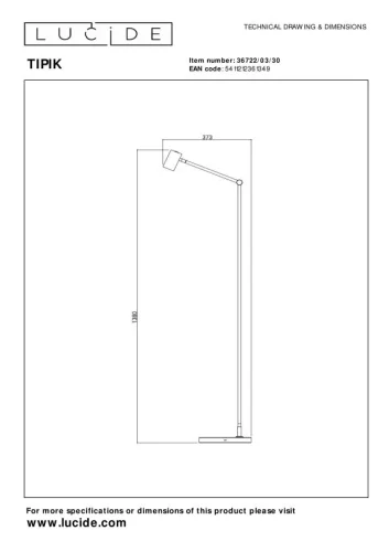 Торшер LED Tipik 36722/03/30 Lucide для чтения чёрный на 1 лампу, основание чёрное в стиле современный фото 8