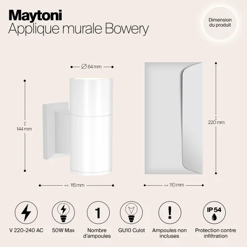 Настенный светильник уличный Bowery O574WL-01W Maytoni уличный IP54 белый на 1 лампу, плафон белый в стиле современный хай-тек GU10 фото 10