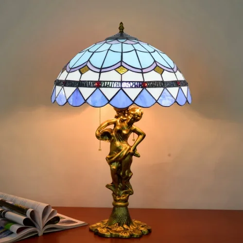 Настольная лампа Тиффани Mediterranean OFT943 Tiffany Lighting голубая разноцветная белая 2 лампы, основание золотое металл в стиле тиффани орнамент средиземноморский фото 3