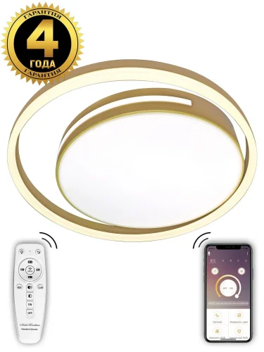 Люстра потолочная с пультом LED LAMPS 81304 Natali Kovaltseva золотая на 1 лампу, основание золотое в стиле хай-тек с пультом кольца