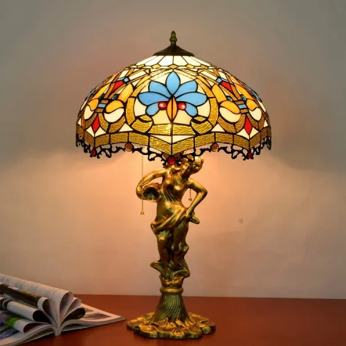 Настольная лампа Тиффани Petunia OFT941 Tiffany Lighting голубая разноцветная оранжевая коричневая 2 лампы, основание золотое металл в стиле тиффани орнамент цветы фото 4