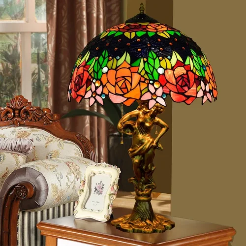 Настольная лампа Тиффани Rose OFT939 Tiffany Lighting разноцветная оранжевая красная зелёная 2 лампы, основание золотое металл в стиле тиффани цветы фото 2
