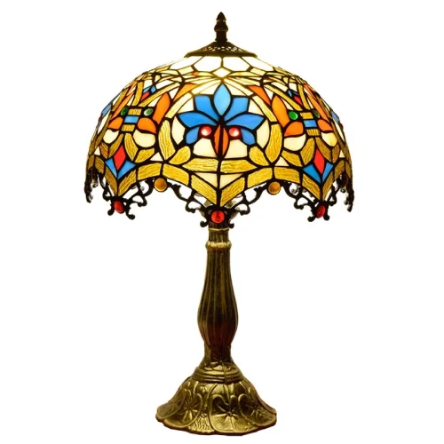 Настольная лампа Тиффани Petunia OFT810 Tiffany Lighting бежевая голубая разноцветная жёлтая 1 лампа, основание коричневое бронзовое металл в стиле тиффани цветы